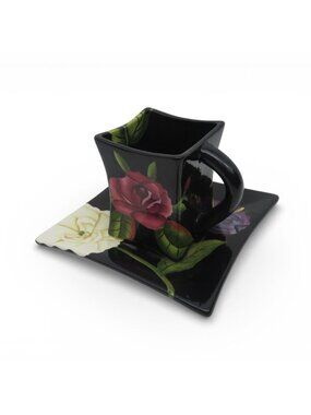 Pacific Rim Square Floral Cup & Saucer Black 90s Vintage Handpainted